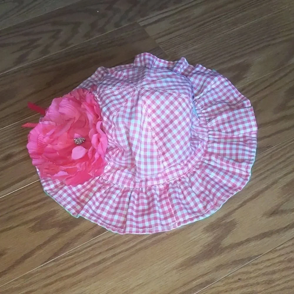 Mud Pie pink green gingham flower sunhat Sz 12m-2T